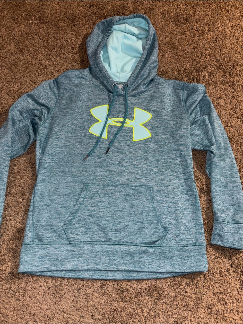 Women’s Under Armour Blue Teal Hoodie with Neon Yellow Logo- Sz L